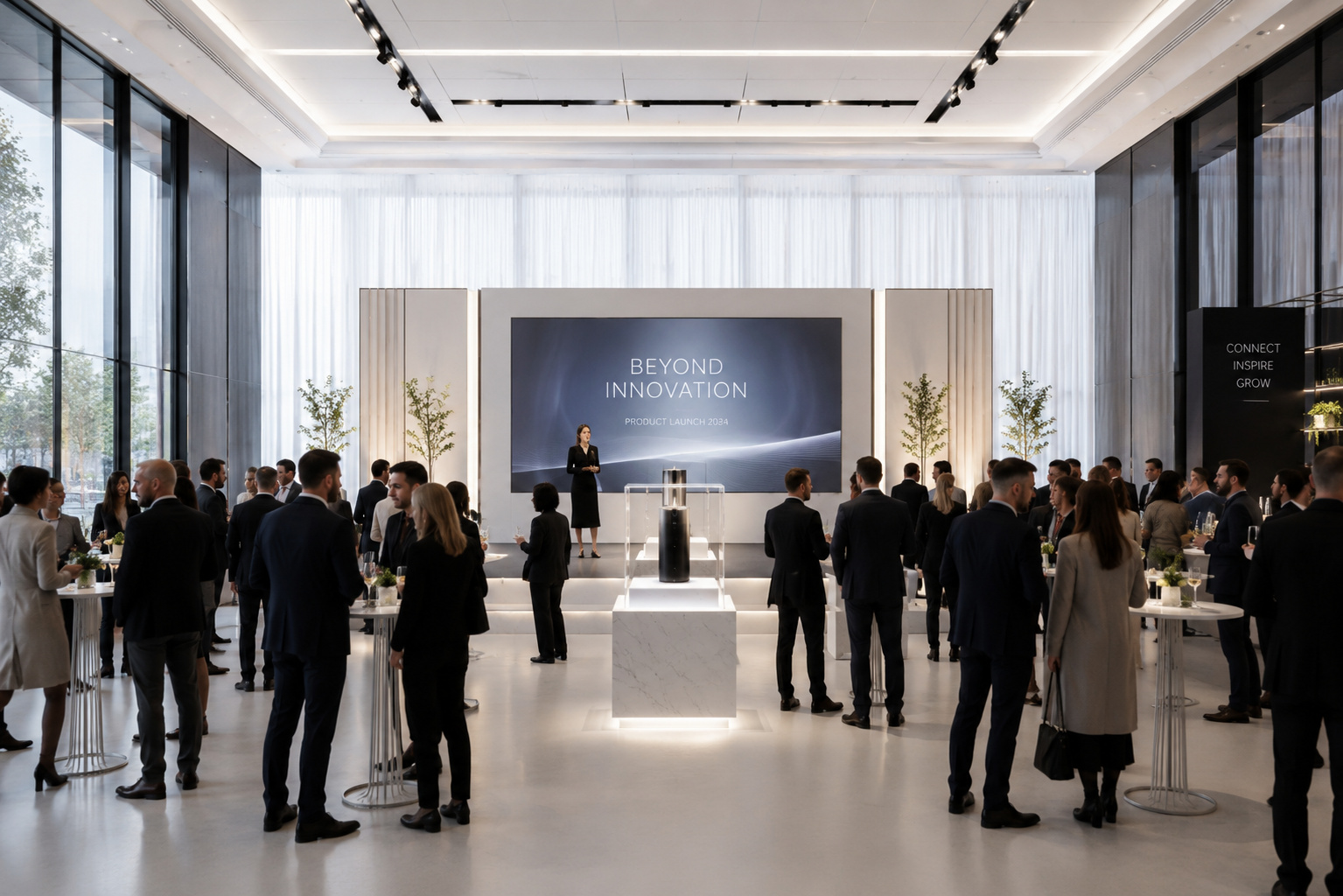 Corporate product launch event with presentation stage and guests