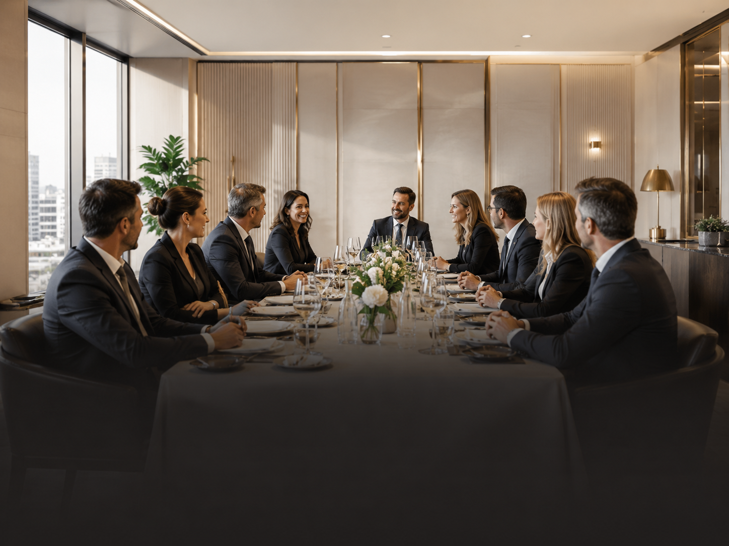 Private corporate VIP dinner with guests around a premium dining table