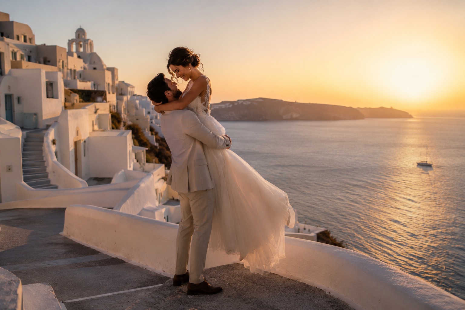 Destination wedding couple in Santorini at sunset