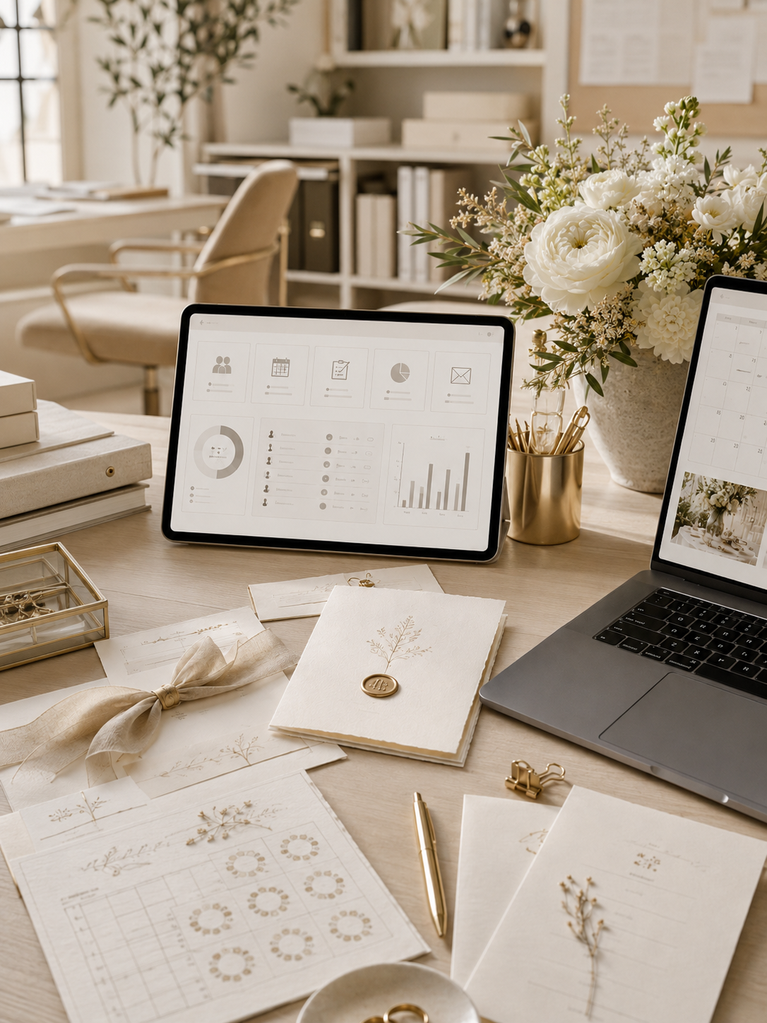 Planner workspace with wedding stationery and dashboard