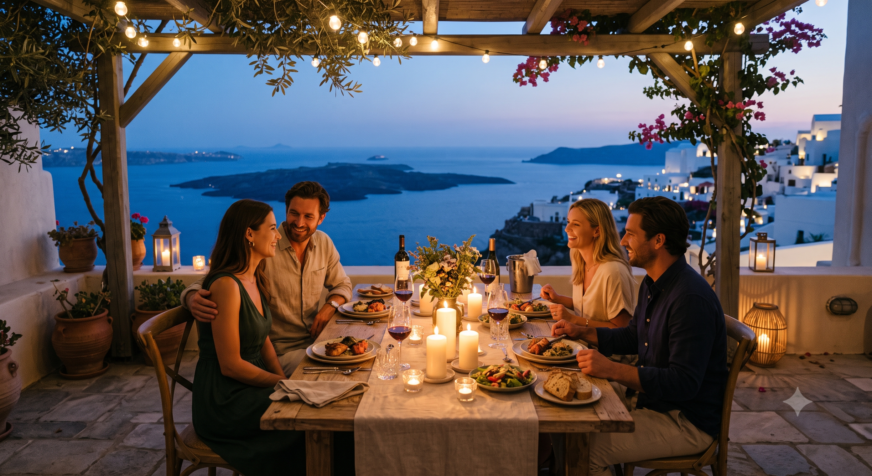 Private dinner in Santorini with guests and candlelight