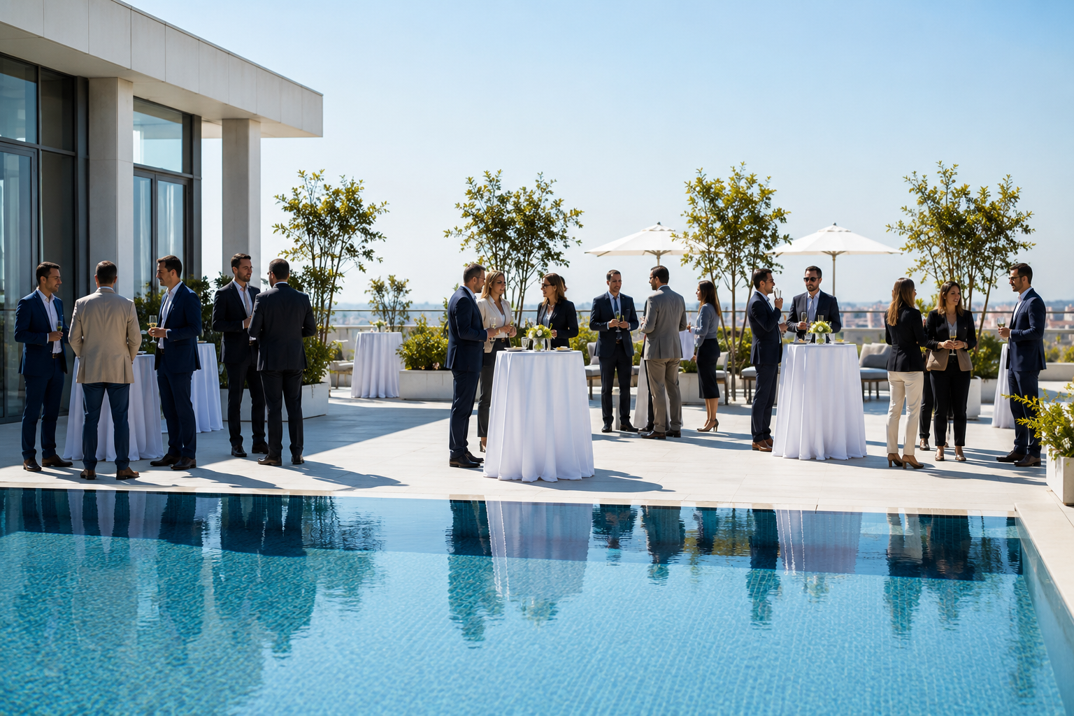 Private rooftop event with guests by a pool